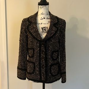 Nanette Lepore boucle suit with fitted jacket and matching elastic waist skirt